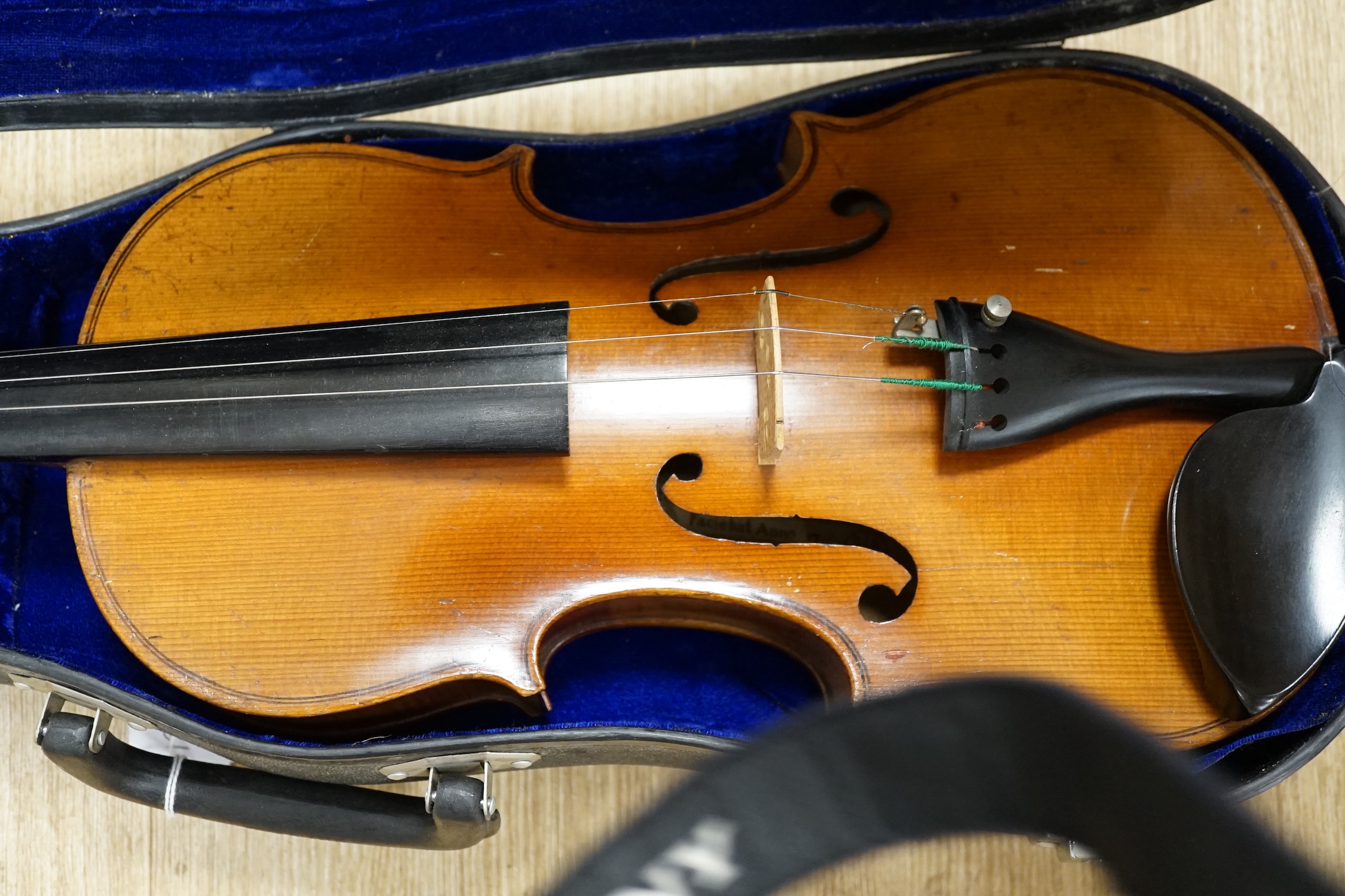 A cased German student’s violin, ‘copy of Antonius Stradivarius’, without bow